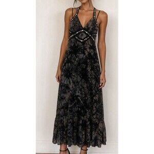 VTG 2B Bebe Y2K Studded Tie Dye halter Maxi Dress Dark Boho Grunge Rare S / XS